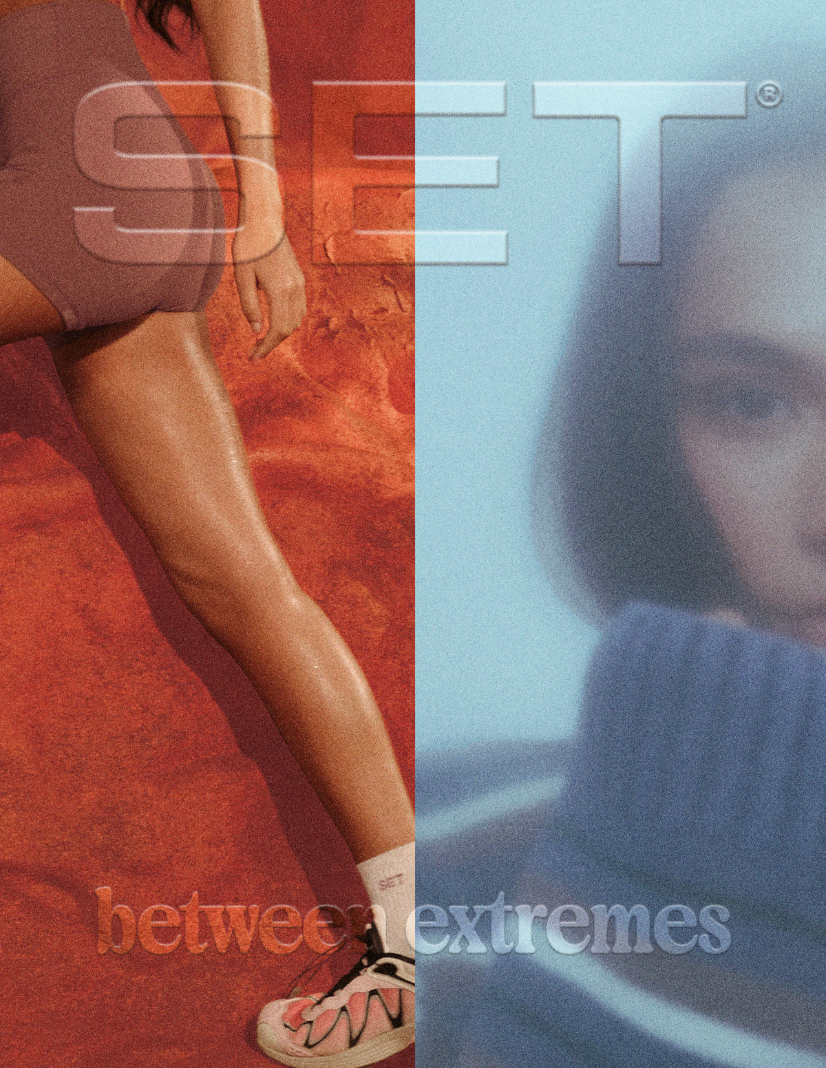 Split composition: left athletic leg in sneaker on red background; right soft-focus portrait in blue sweater; overlaid text 'SET between extremes'.