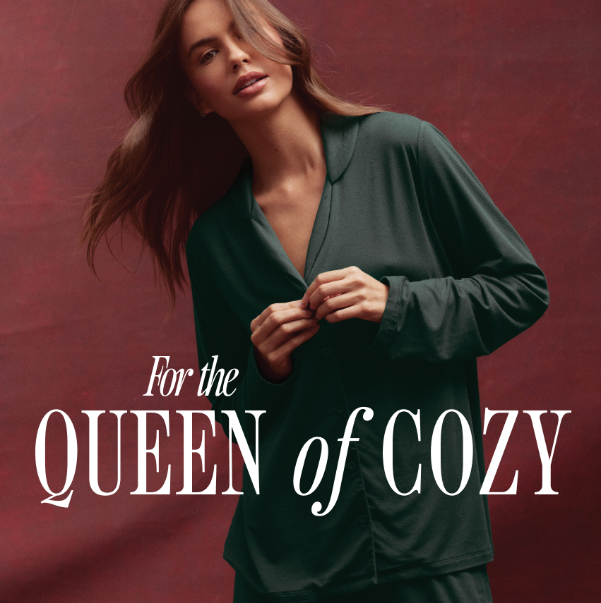 MODEL WEARS SET SLEE IN HEADER IMAGE FOR THE QUEEN OF COZY GIFT GUIDE.