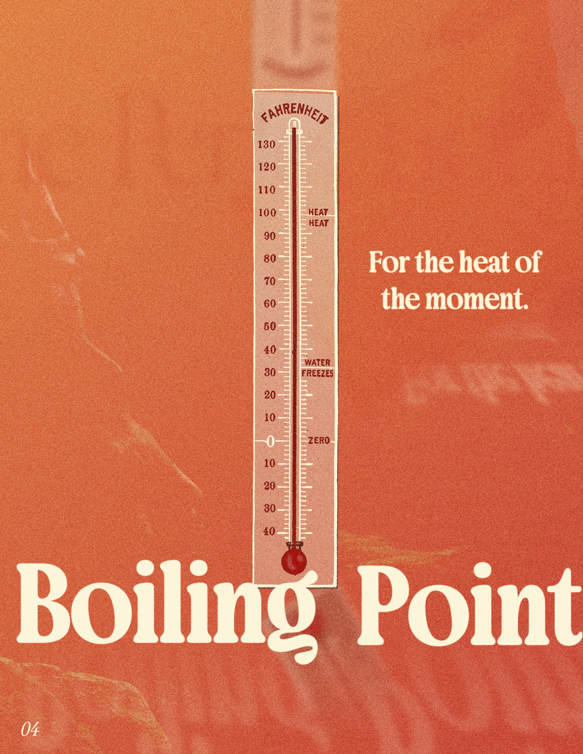 Promotional poster with vintage Fahrenheit thermometer on orange background, tagline heat of the moment and Boiling Point headline