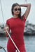 Model wears BREATHE TEE in LADYBUG <model-info>- Rivers wears a size S and is 5’7”, 24” waist, 31” bust.</model-info>