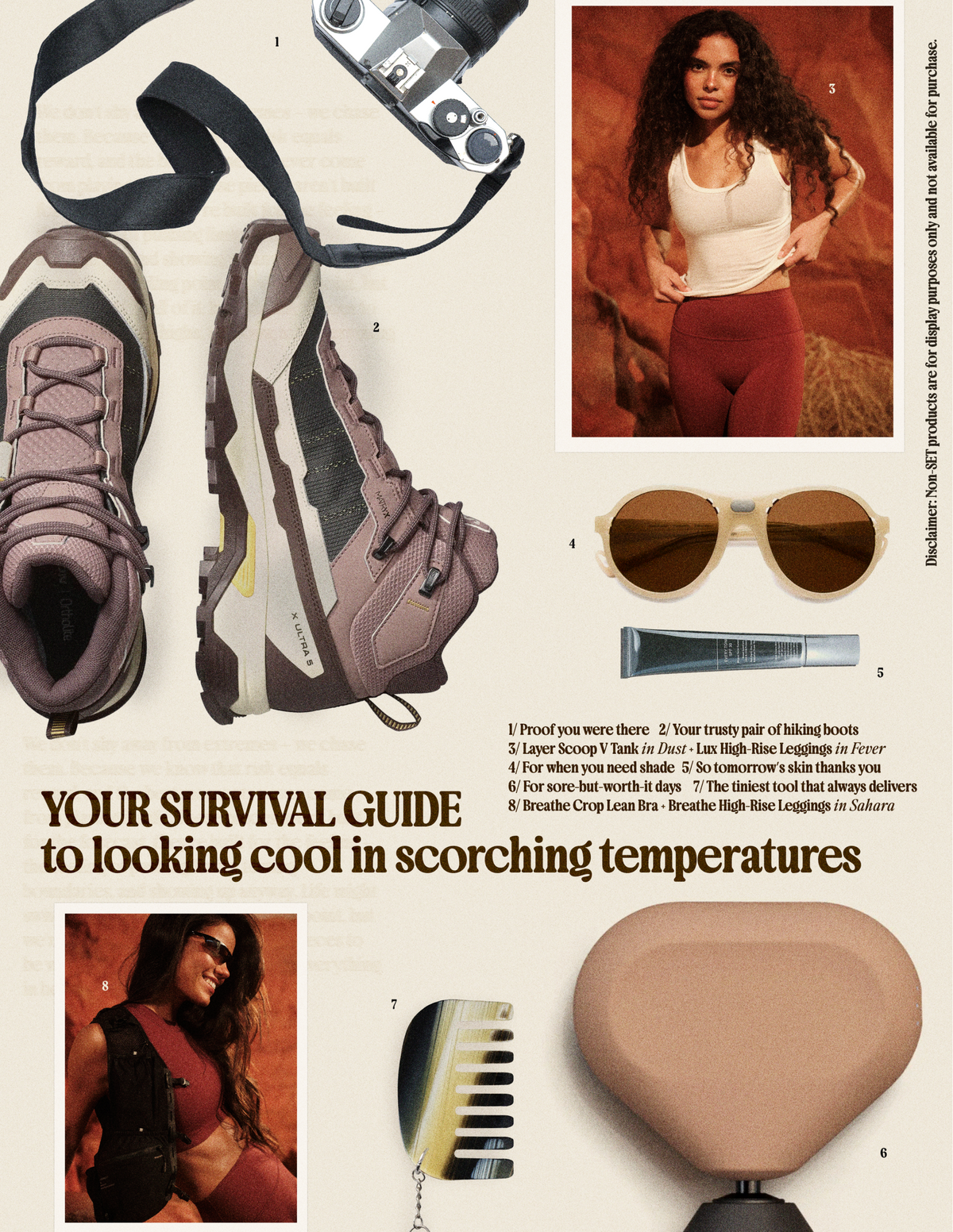 Lookbook titled 'Your survival guide to looking cool in scorching temperatures' with mauve hiking boots, film camera, sunglasses, skincare tube, comb, and model photos