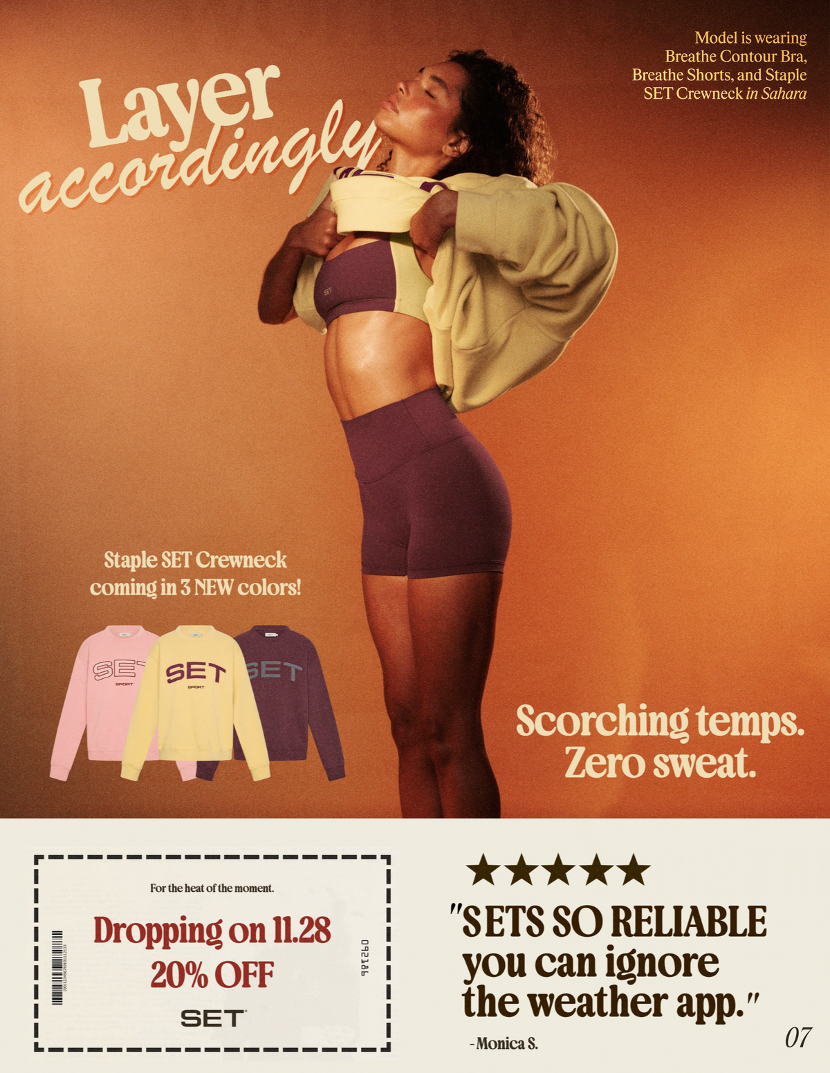 Model lifting a jacket to show SET activewear; text includes 'Layer accordingly', 'Scorching temps. Zero sweat.' and promo 'Dropping on 11.28 20% OFF'.