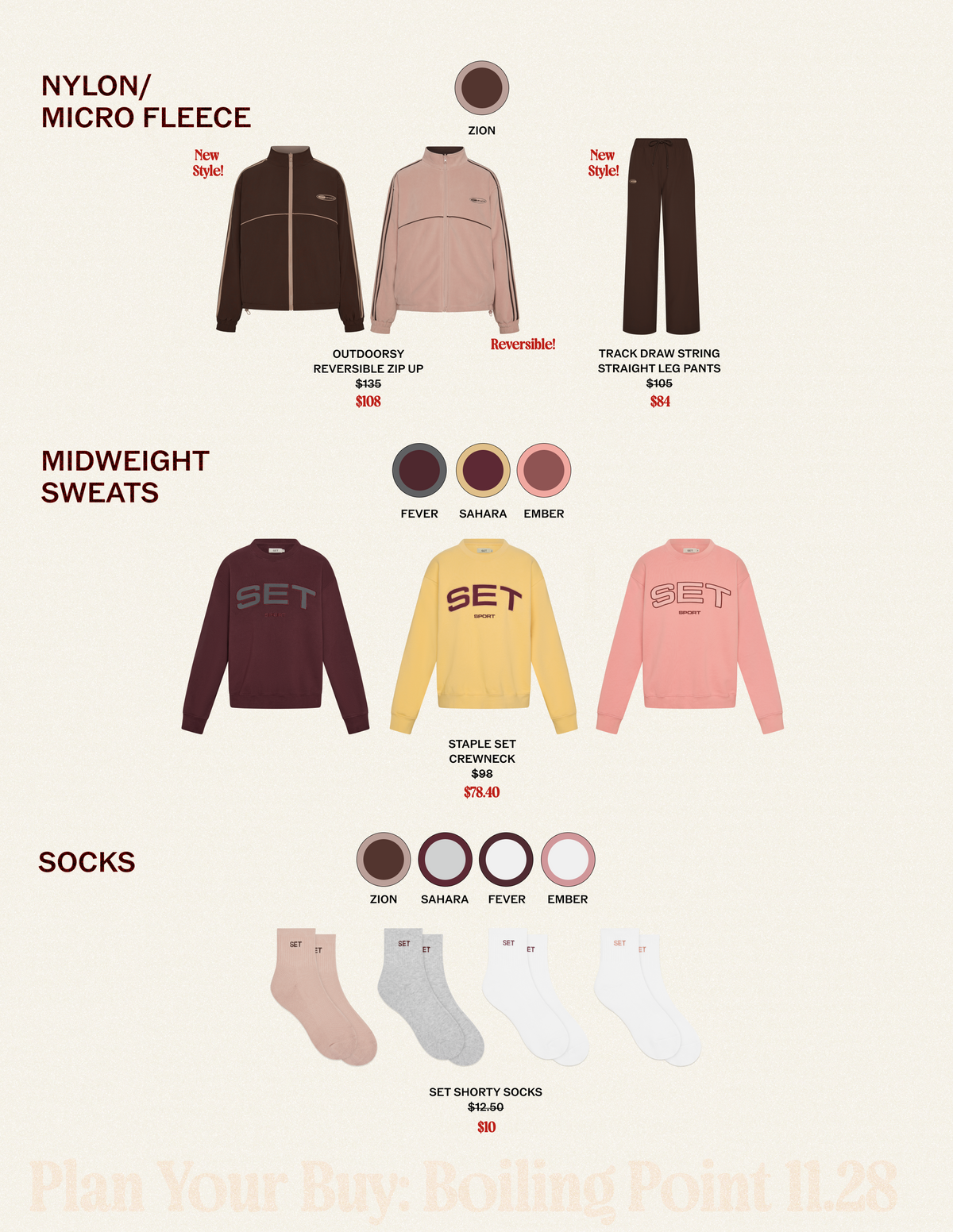 Lookbook Nylon/Micro Fleece and Sweats zip jackets, track pants, crewnecks, socks; swatches Zion/Fever/Sahara/Ember