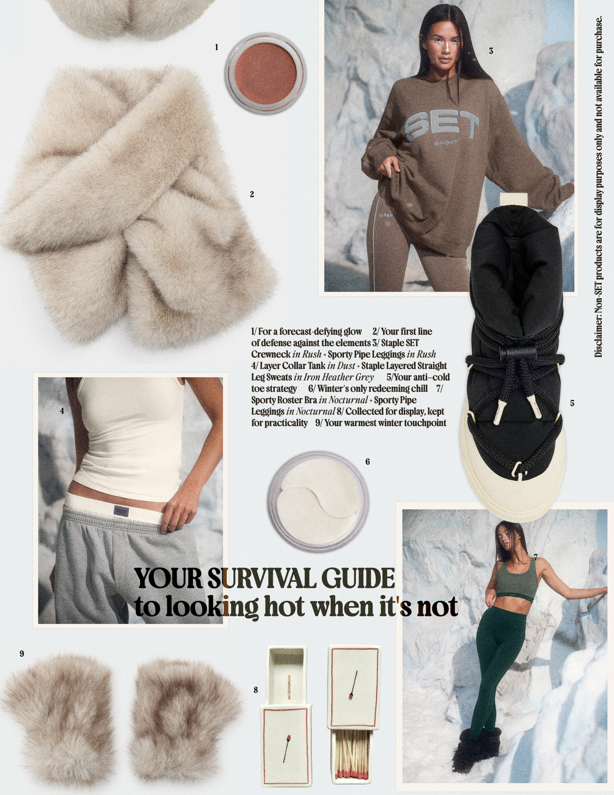 Lookbook collage showing 'Your survival guide to looking hot when it's not' with winter wardrobe items, product numbers, and model photos