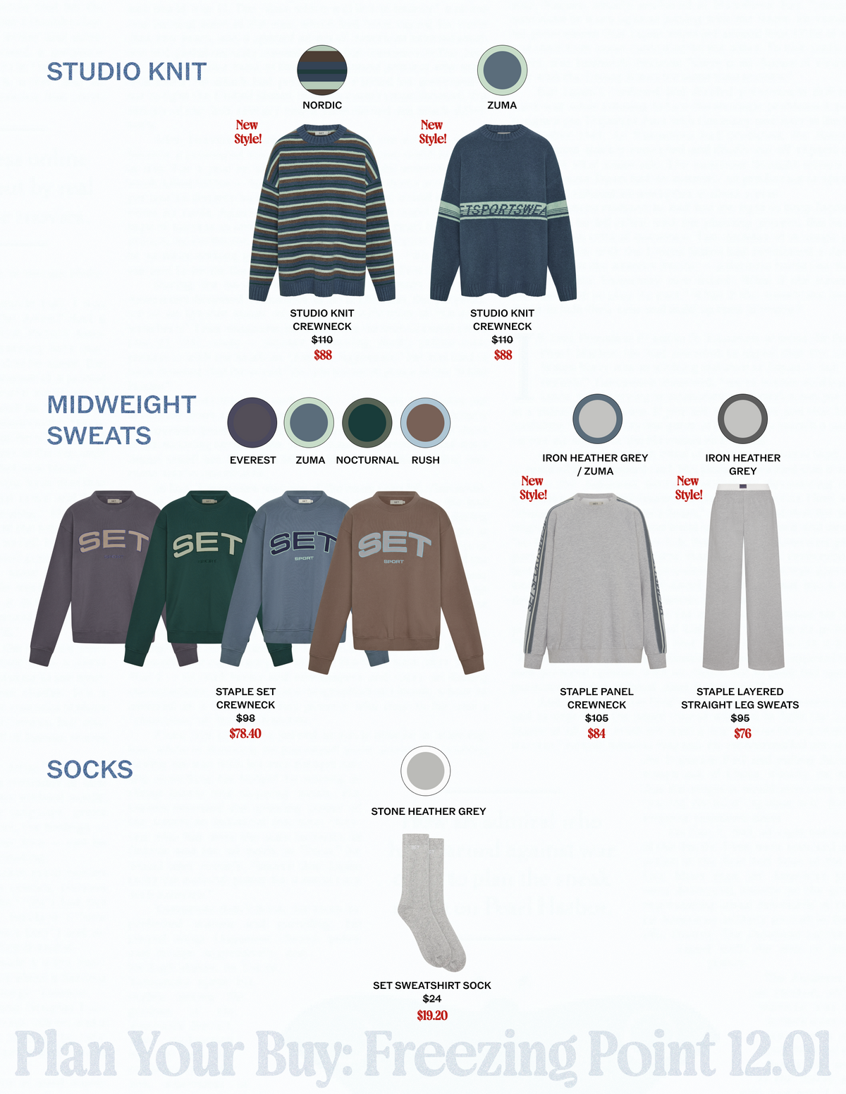 Catalog spread showing knit crewnecks, midweight sweatshirts, socks, color swatches and sale prices on a product page.