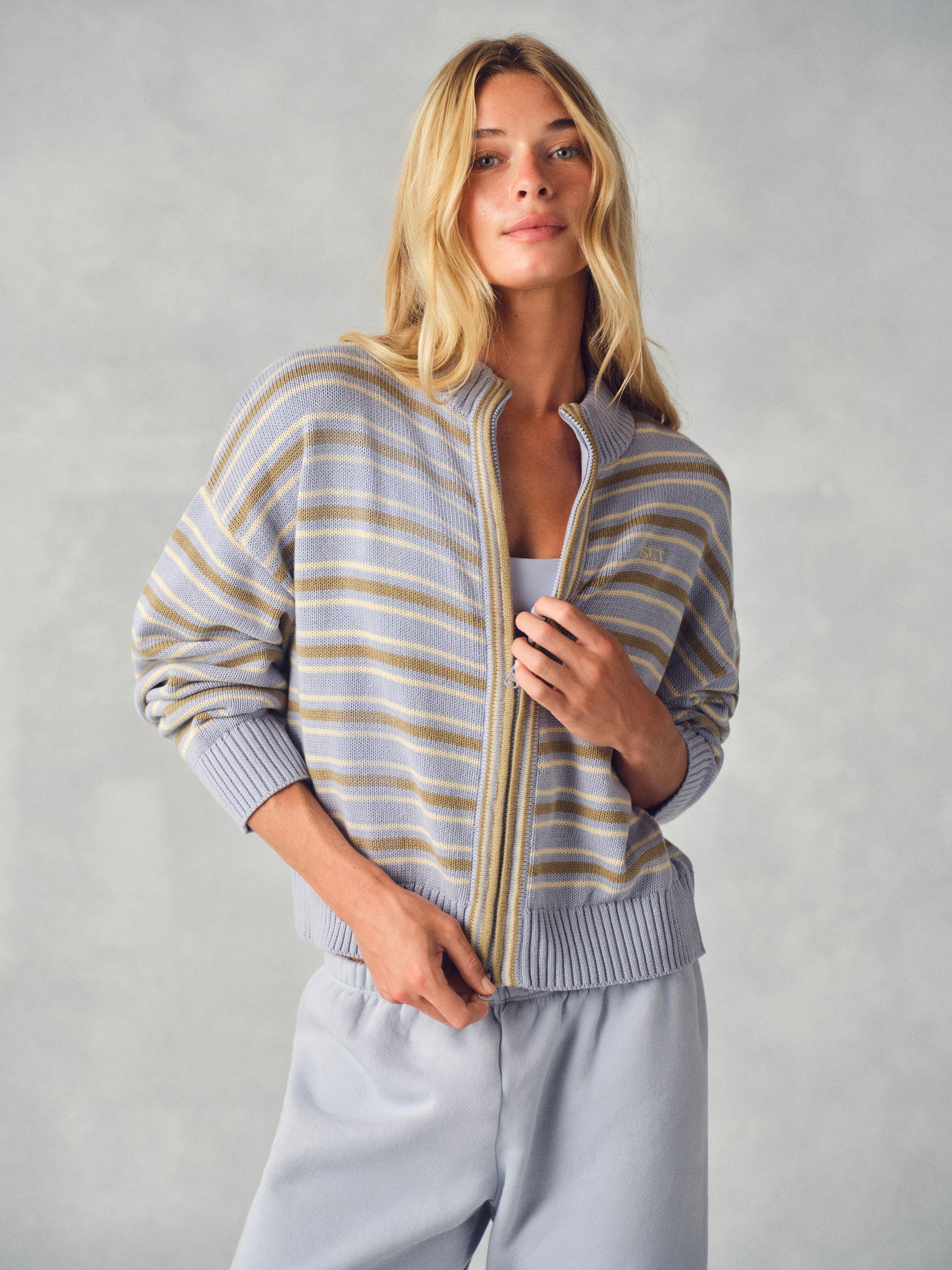 WEEKEND KNIT WEEKEND STRIPE FUNNEL ZIP - PALMETTO