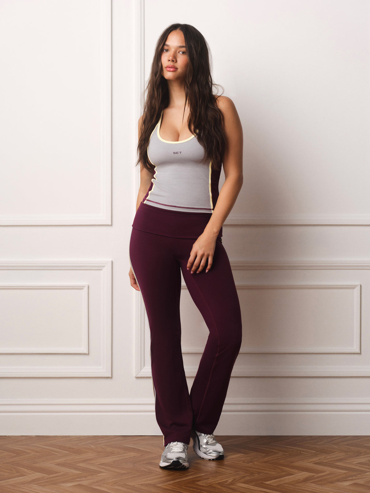 SPORTBODY® SPORTY DUO STRIPE FOLDOVER FLARE LEGGINGS - BERET
