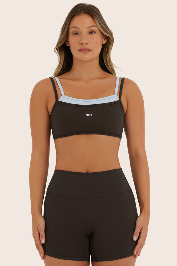 Model wears FORMCLOUD® CLOUD TRAINING BRA in BIRTHDAY ESPRESSO 