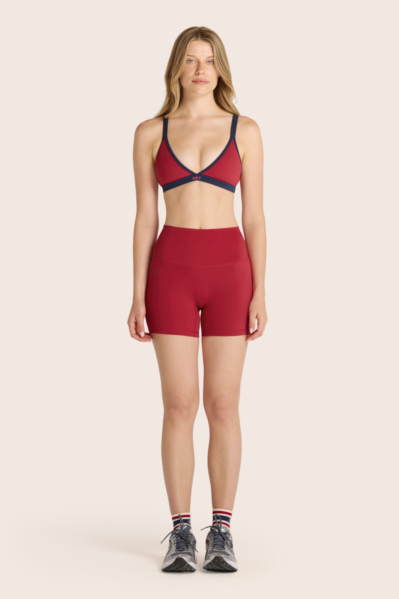Model wears BREATHE TRIANGLE BRA in LADYBUG