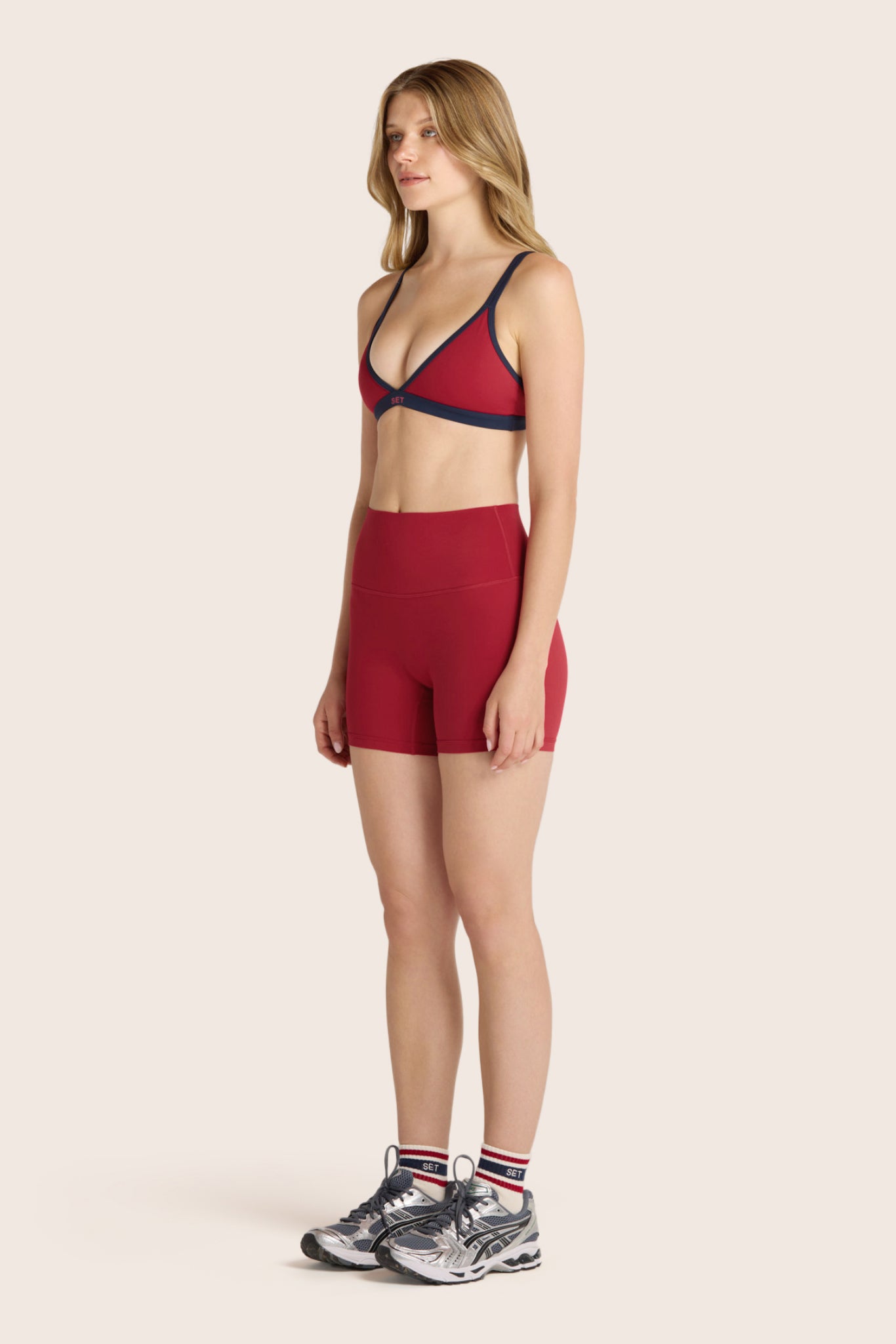Model wears BREATHE TRIANGLE BRA in LADYBUG