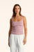 Woman wearing a striped tank top and white pants on a beige background <model-info>Presley wears a size S and is 5’6”, 26” waist, 33” bust.</model-info>