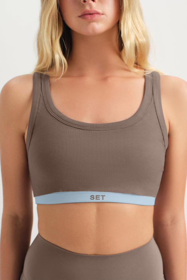 Brown sports bra with a blue band and 'SET' logo on a plain background