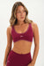 Woman wearing a maroon sports bra and leggings with 'SET' branding on a white background <model-info>Bre wears a size S and is 5’7”, 25½" waist, 33” bust.</model-info>