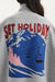 Gray sweatshirt with 'Set Holiday' graphic on the back