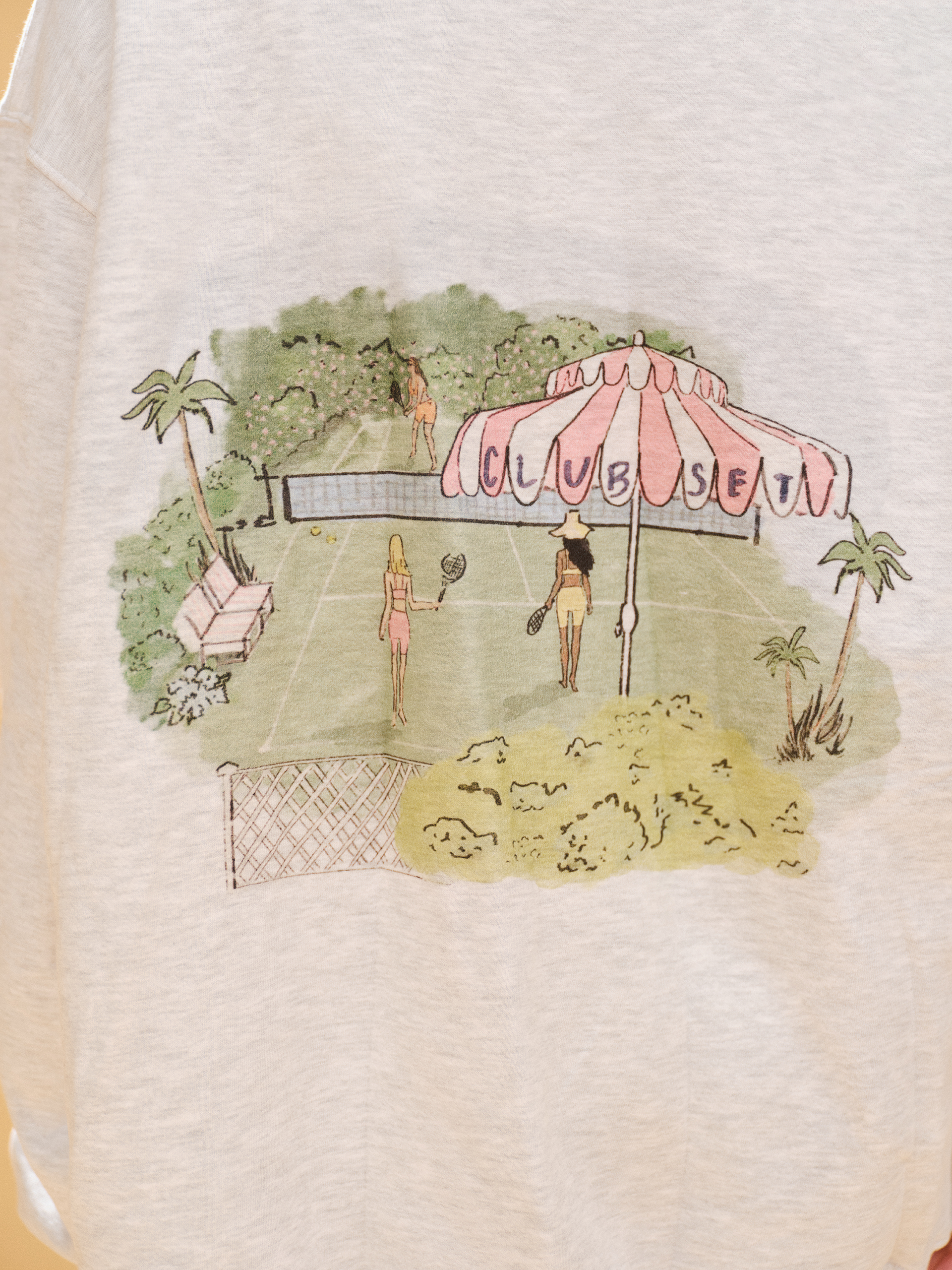 Illustration of a club scene with people and an umbrella on a textured surface.