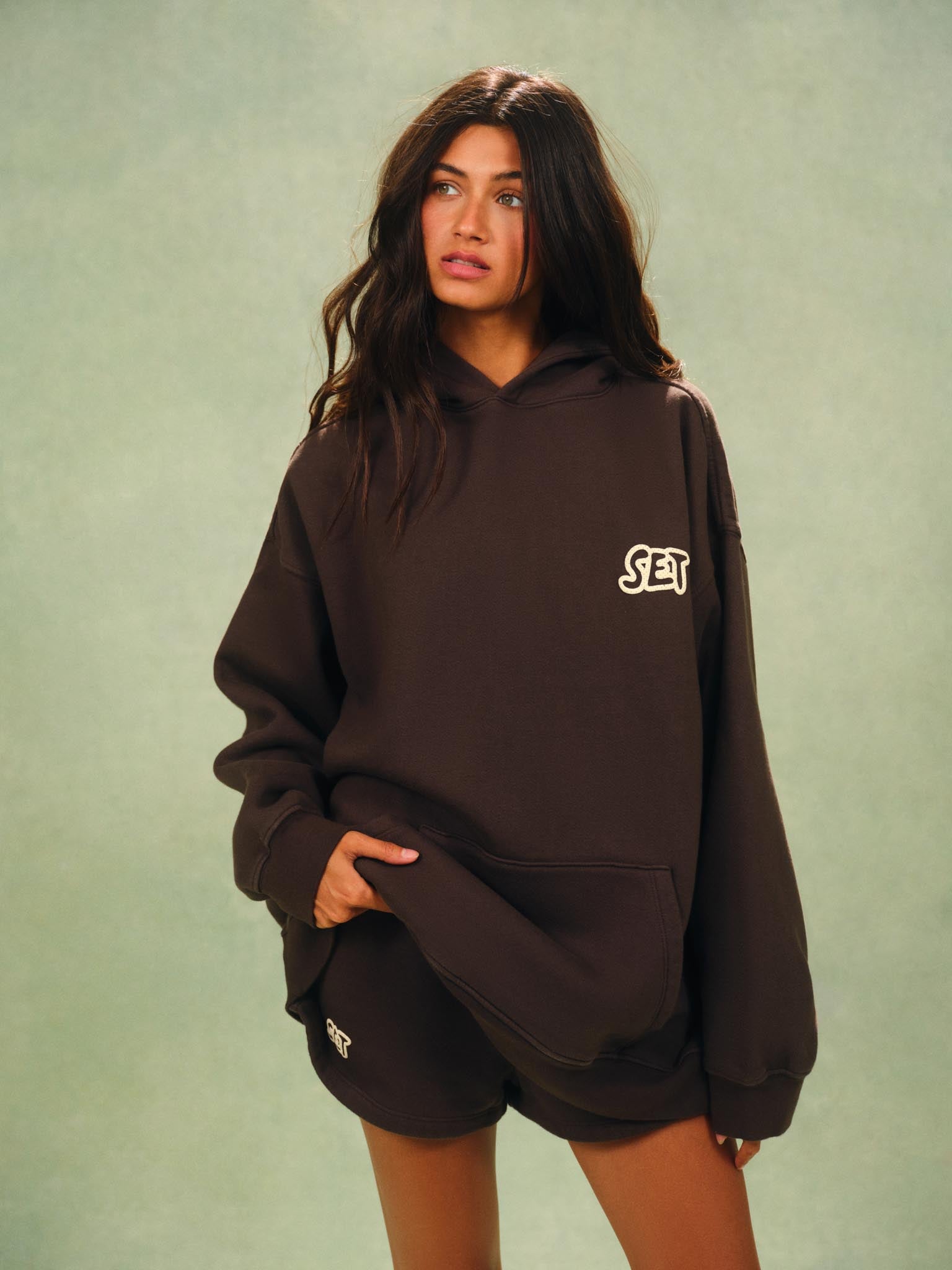 A woman modeling an oversized dark brown hoodie with a small white embroidered logo on the chest, paired with matching dark brown shorts, set against a solid sage green background. 