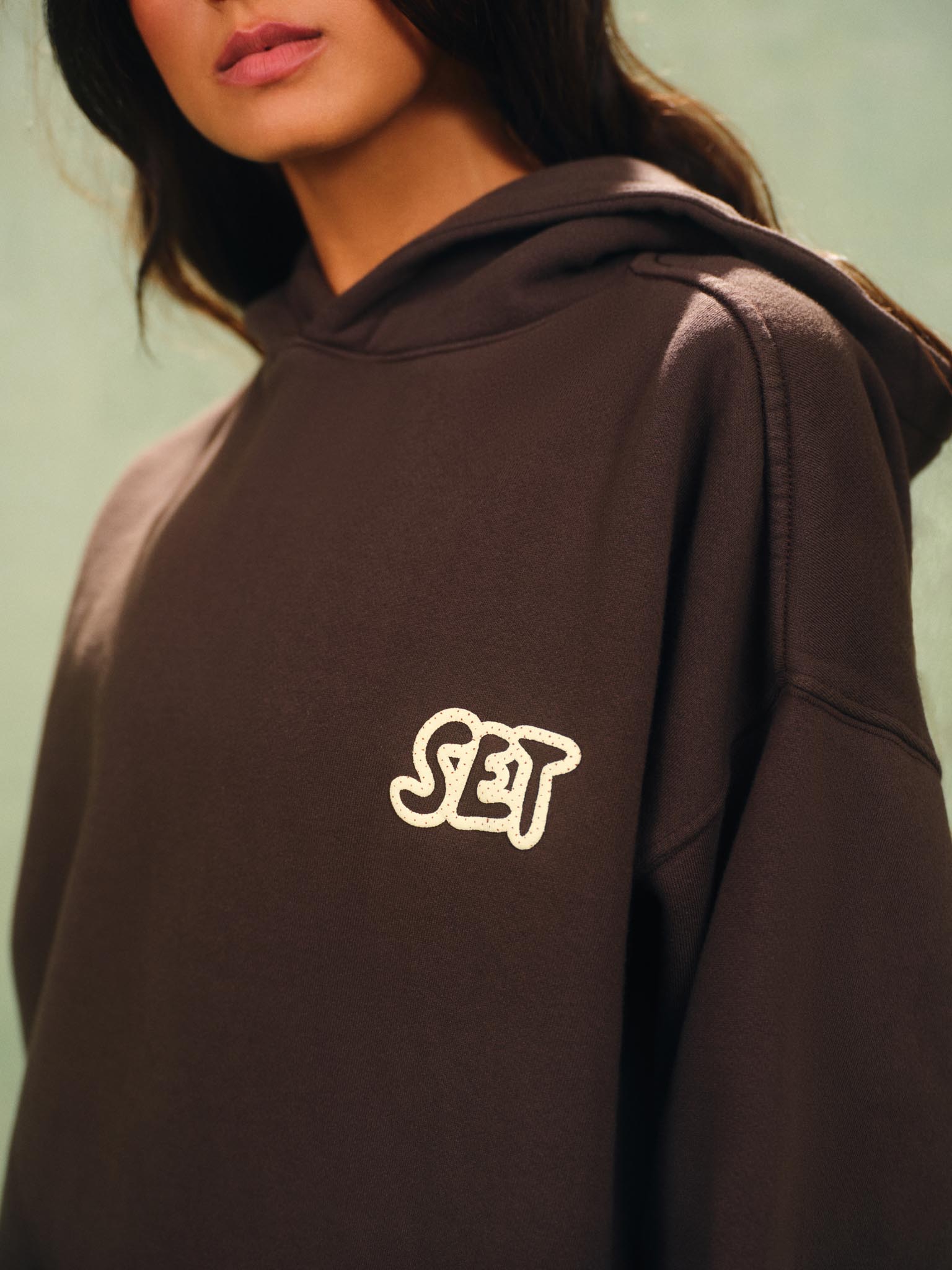 A close-up of a person wearing a dark brown pullover hoodie with a cream-colored embroidered 'SET' logo on the left chest, set against a soft, muted green background.