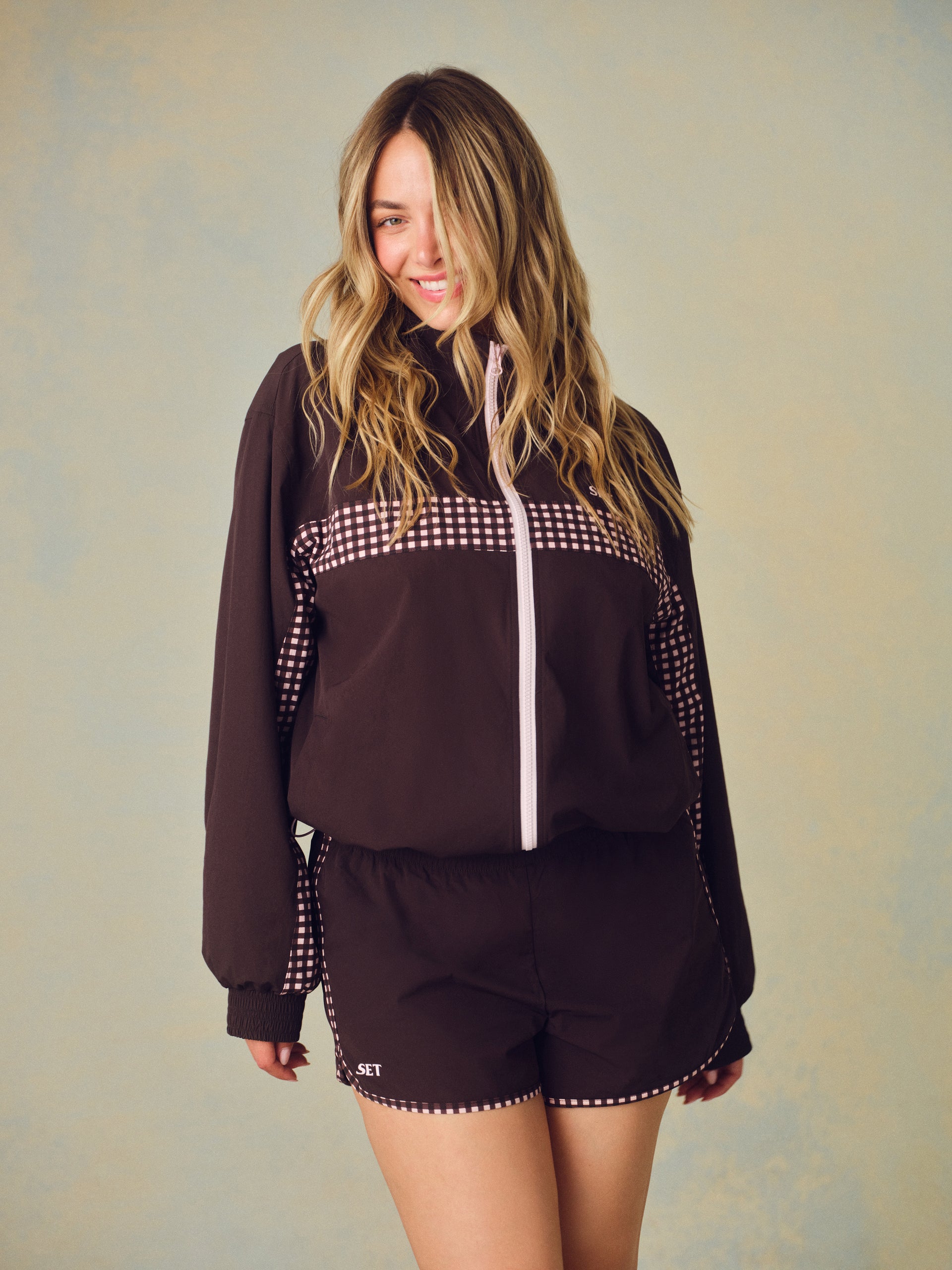 NYLON TRACK GINGHAM PANEL JACKET - DRIFTWOOD