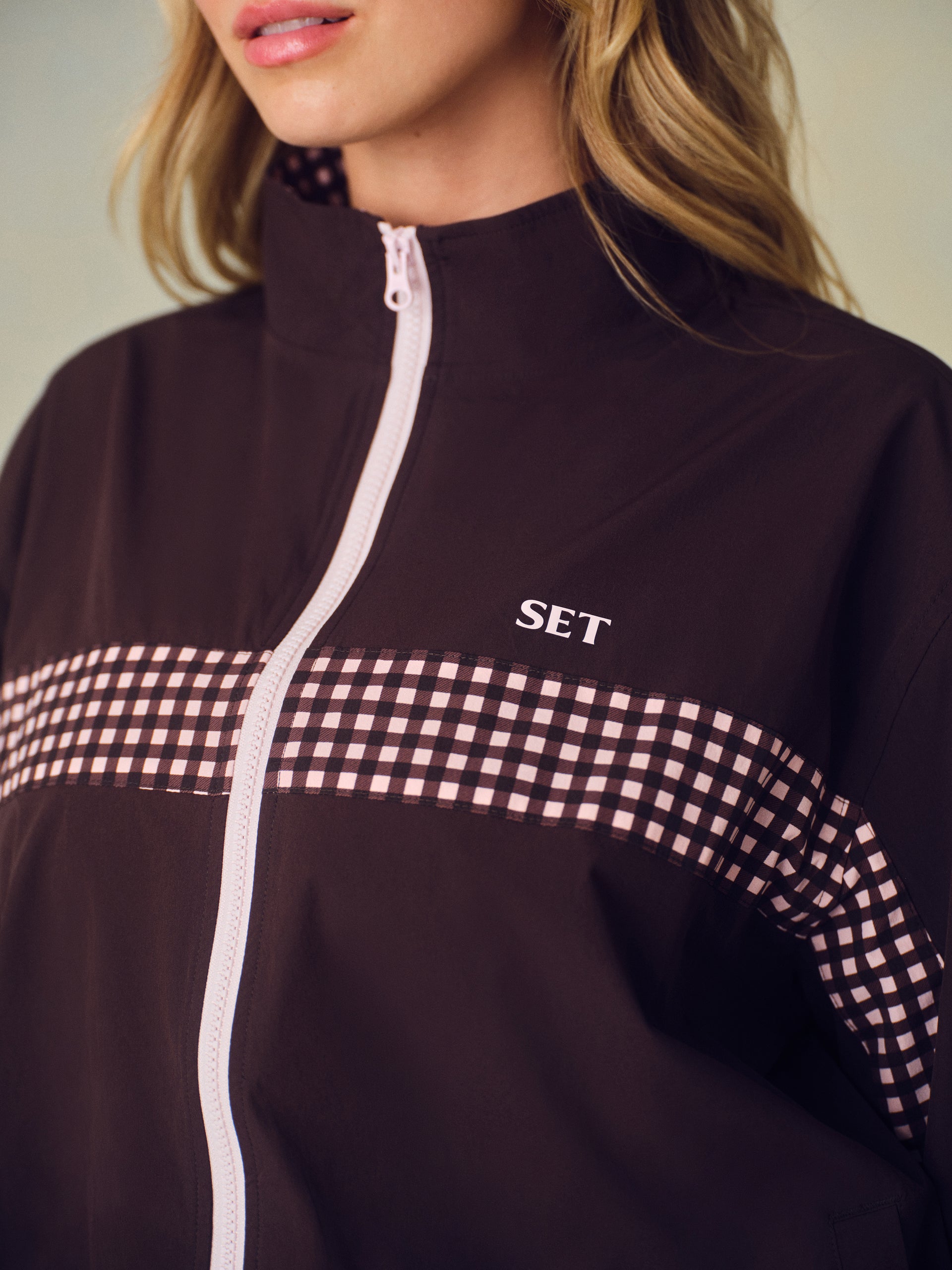 NYLON TRACK GINGHAM PANEL JACKET - DRIFTWOOD