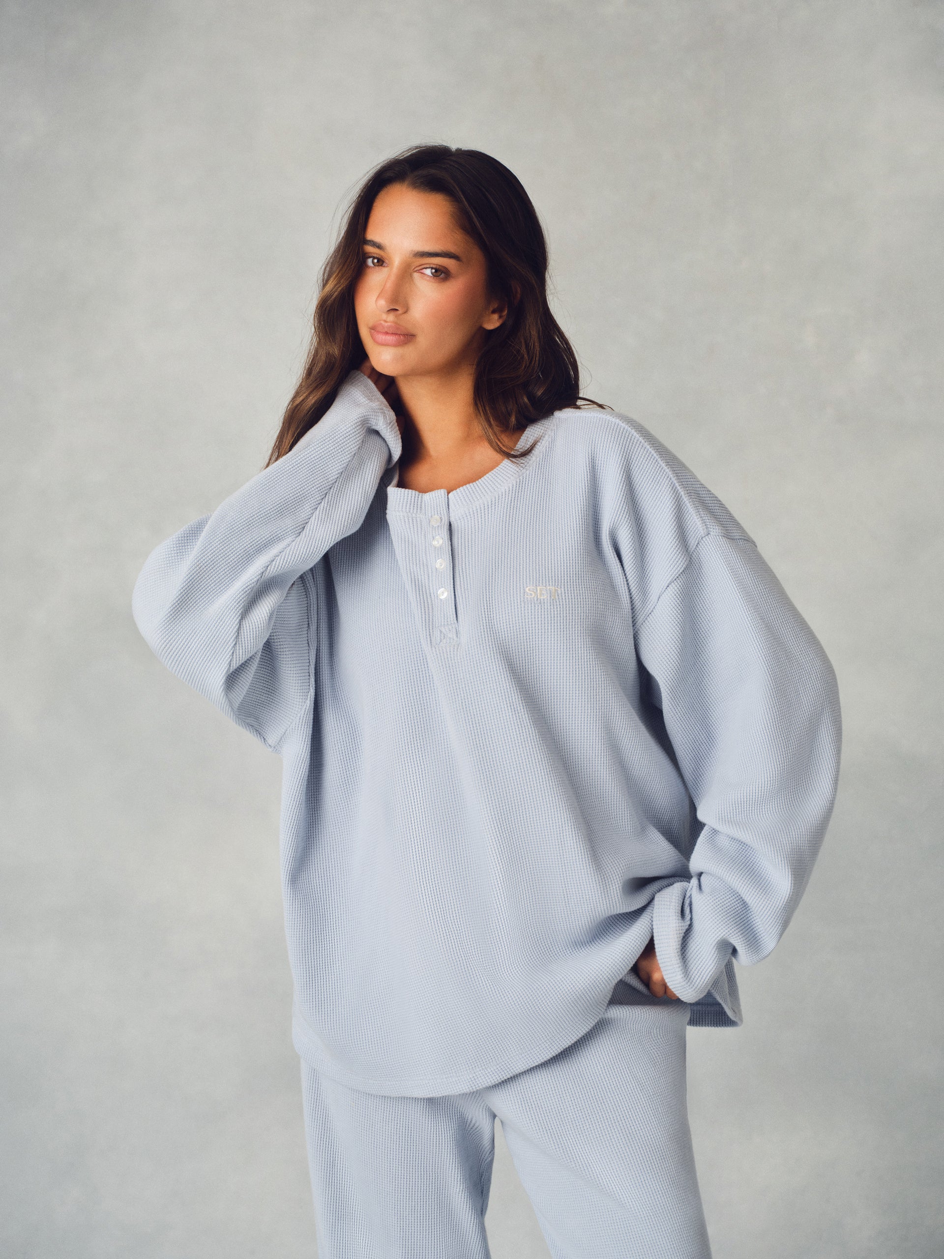 WAFFLE LOUNGE BOXY HENLEY - PALMETTO