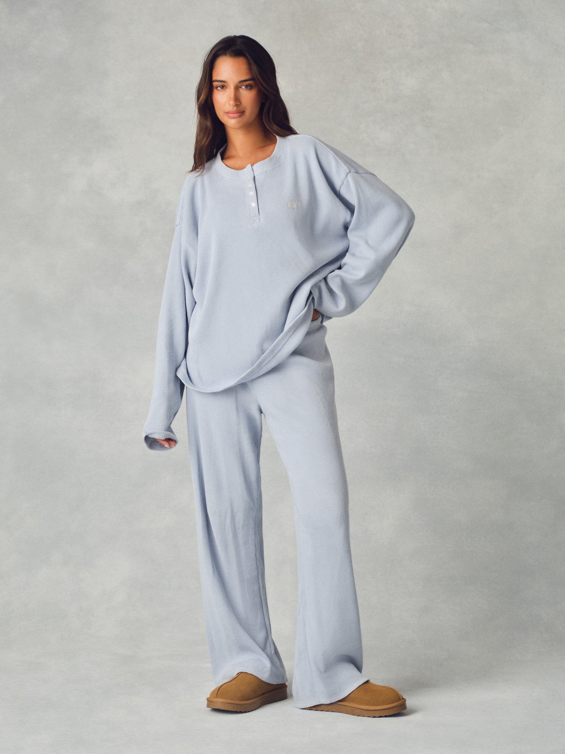 WAFFLE LOUNGE BOXY HENLEY - PALMETTO