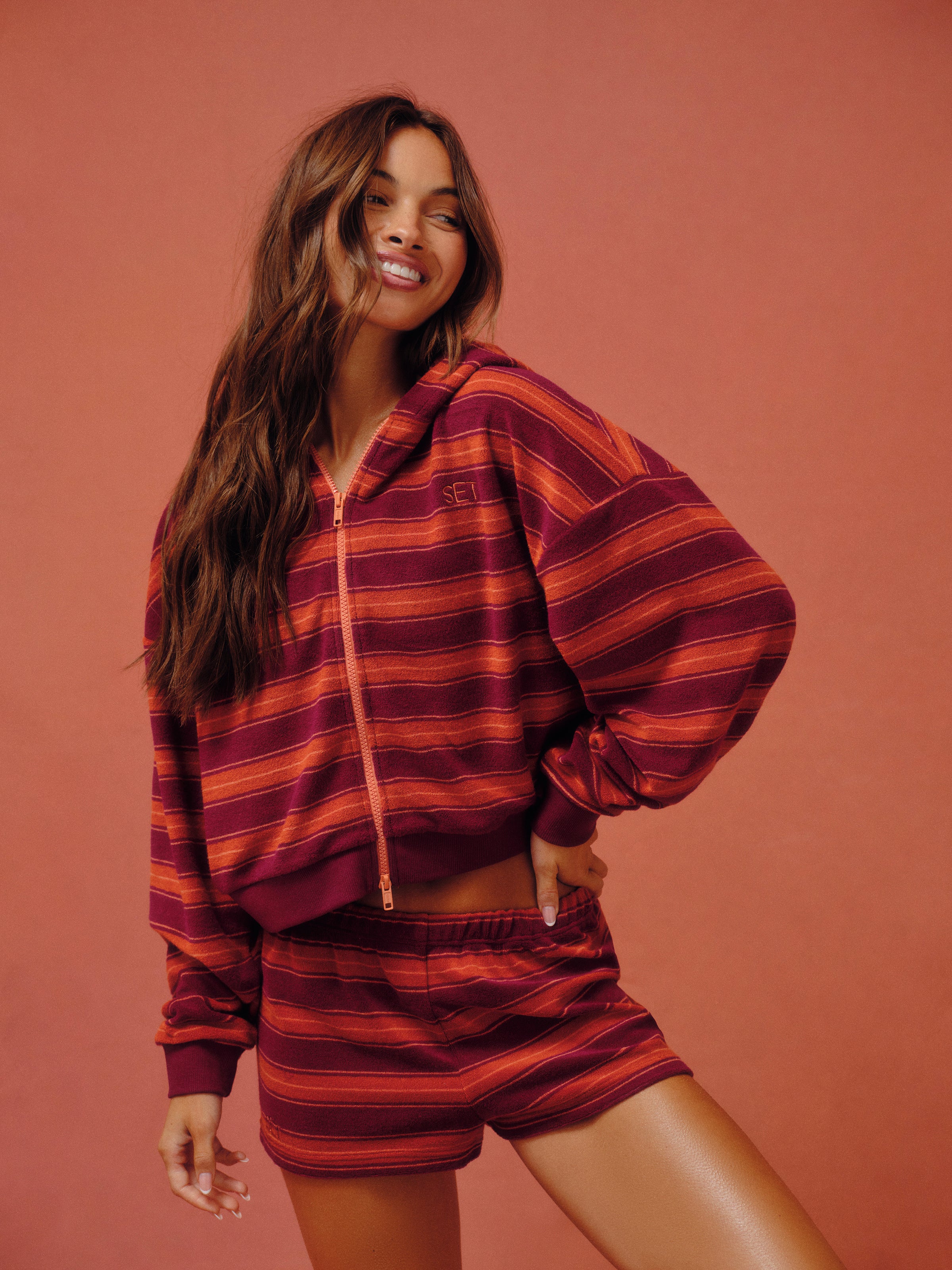 TOWEL TERRY TERRY STRIPE FUNNEL ZIP HOODIE - HEATWAVE