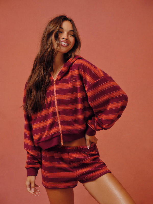 TOWEL TERRY TERRY STRIPE FUNNEL ZIP HOODIE - HEATWAVE