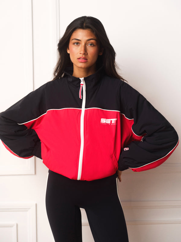 MICROFLEECE/NYLON TRACK FLEECE-LINED VARSITY ZIP UP - ROUGE