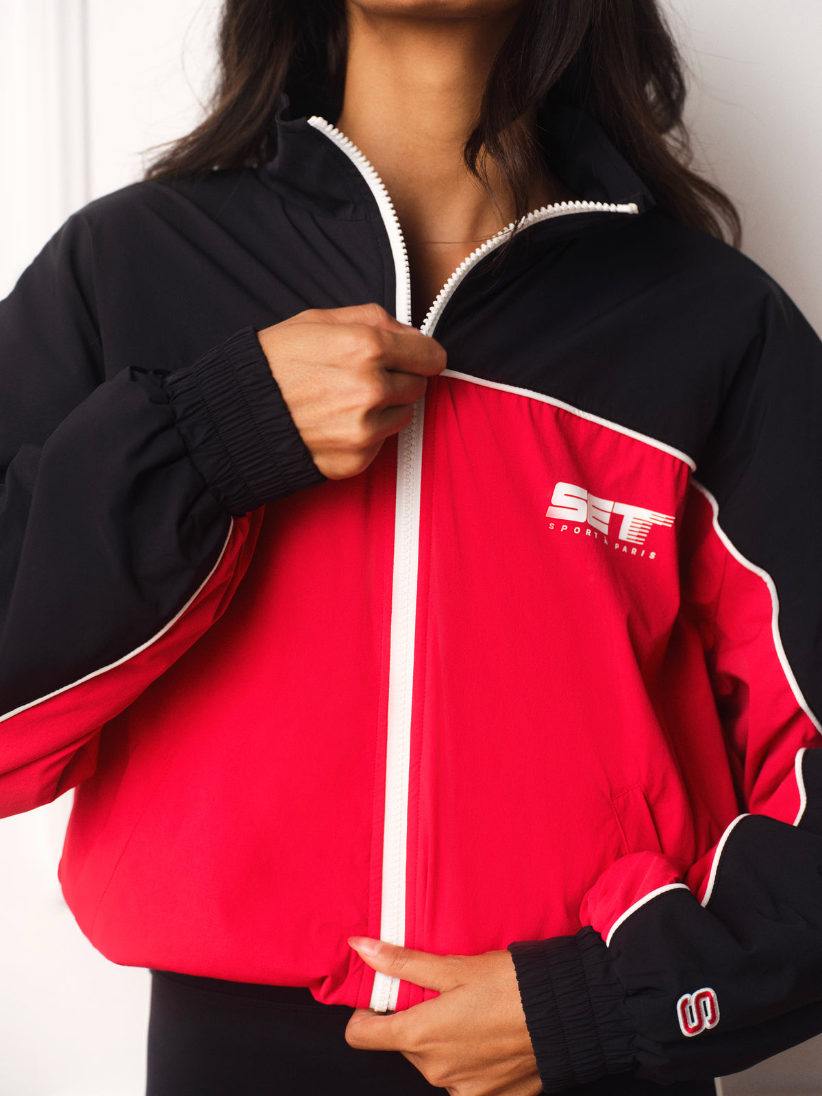 MICROFLEECE/NYLON TRACK FLEECE-LINED VARSITY ZIP UP - ROUGE