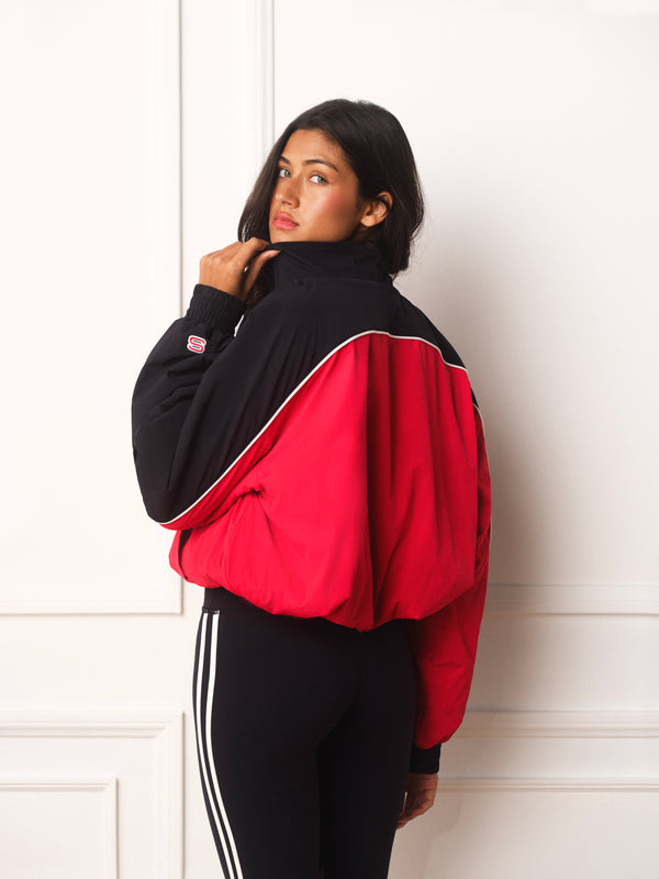 MICROFLEECE/NYLON TRACK FLEECE-LINED VARSITY ZIP UP - ROUGE