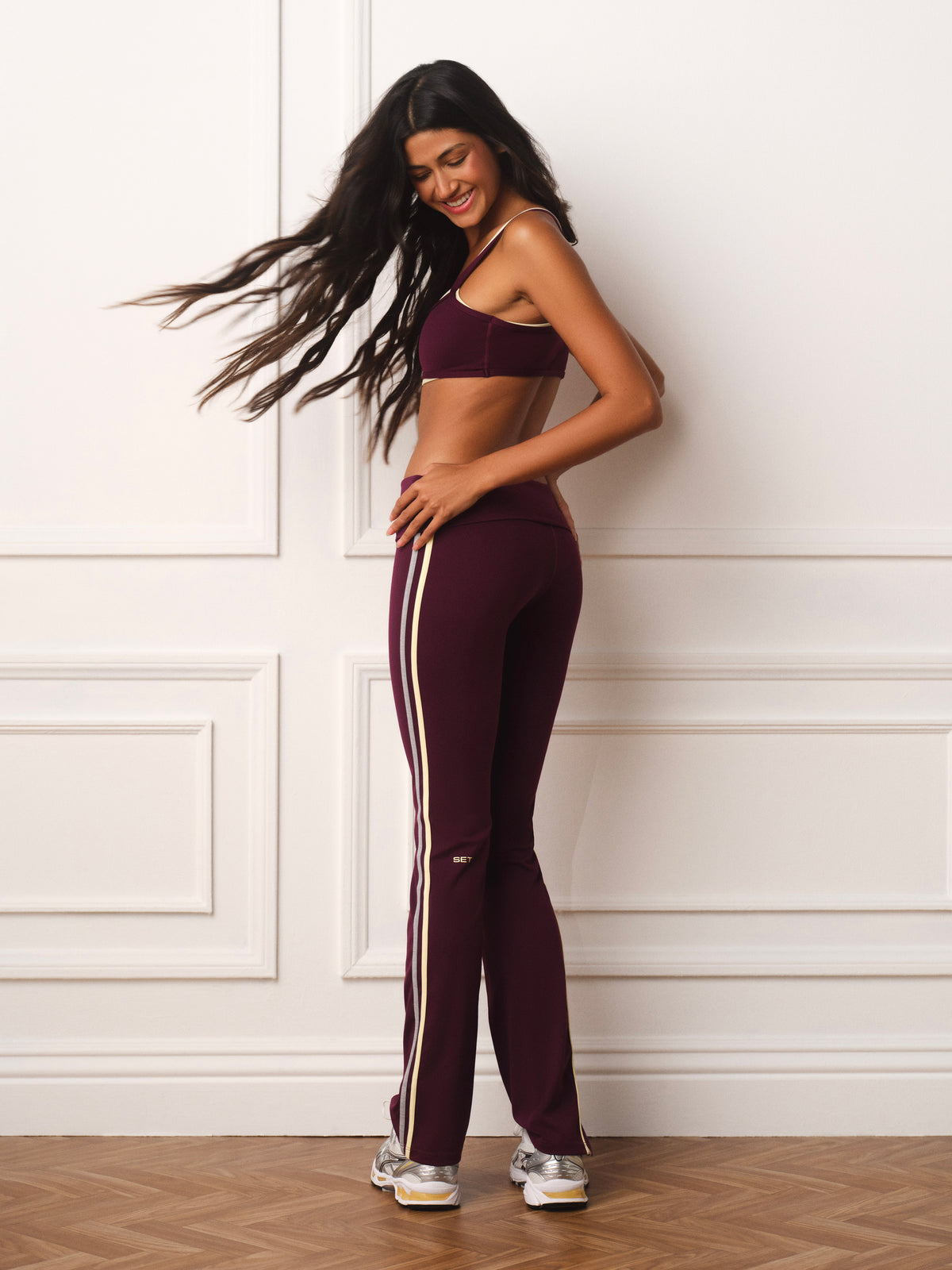 SPORTBODY® SPORTY DUO STRIPE FOLDOVER FLARE LEGGINGS - BERET