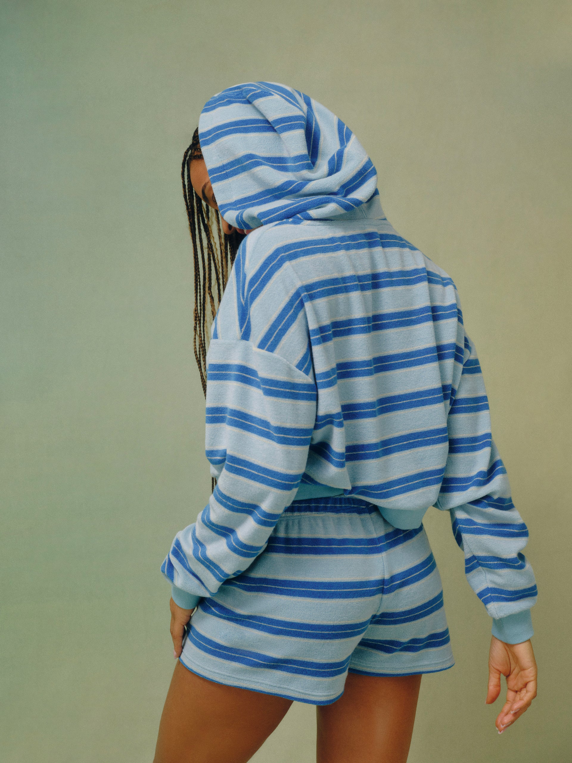 TOWEL TERRY TERRY STRIPE FUNNEL ZIP HOODIE - REEF