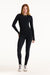Woman wearing a black bodysuit on a white background