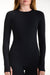Black long-sleeve top worn by a person on a white background
