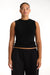 Woman wearing a black sleeveless top and black pants on a white background <model-info>Jade wears a size L and is 5’9”, 30” waist, 38” bust.</model-info>