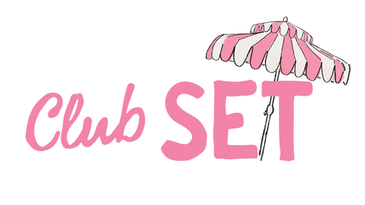 Pink 'Club SET' text with a striped umbrella on a white background