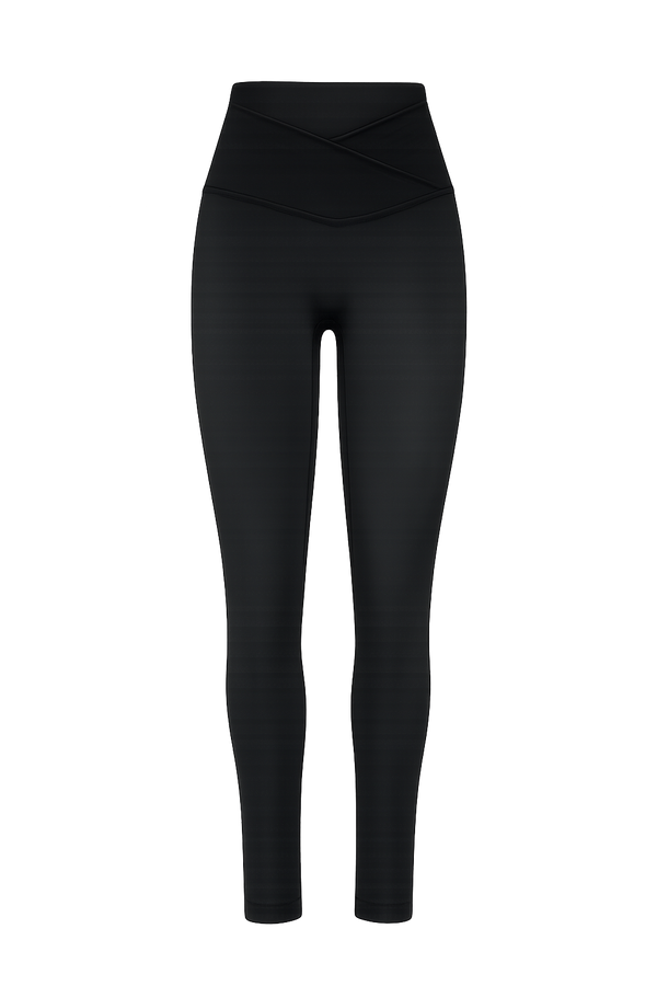 Black high-waisted leggings with a crossover wrap-style waistband, shown on a plain white background.