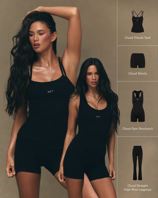 Two women modeling black athletic wear with product images on the right against a beige background.