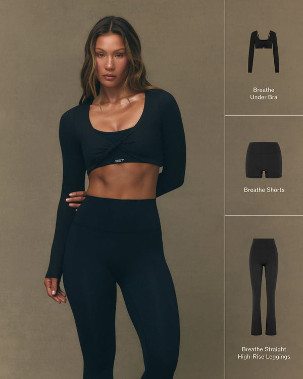 Woman wearing a black athletic outfit with product images on the side.