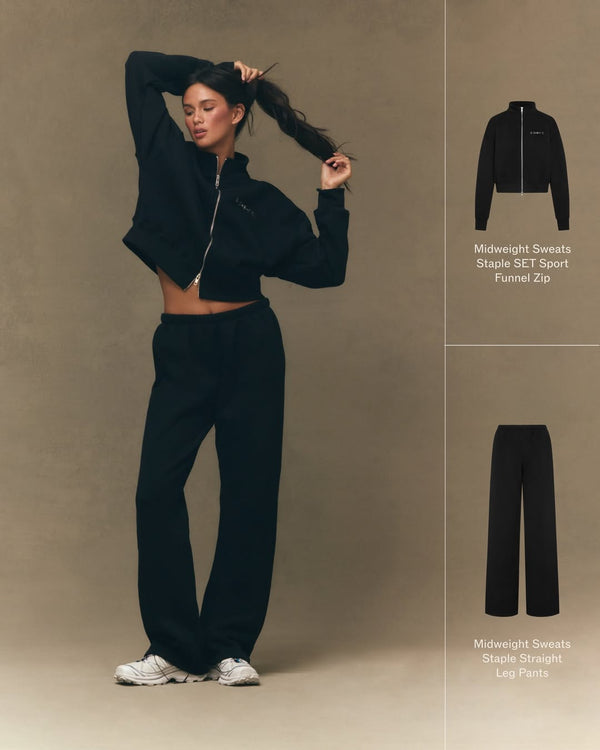 Woman modeling a black sweatsuit with additional product details on a beige background