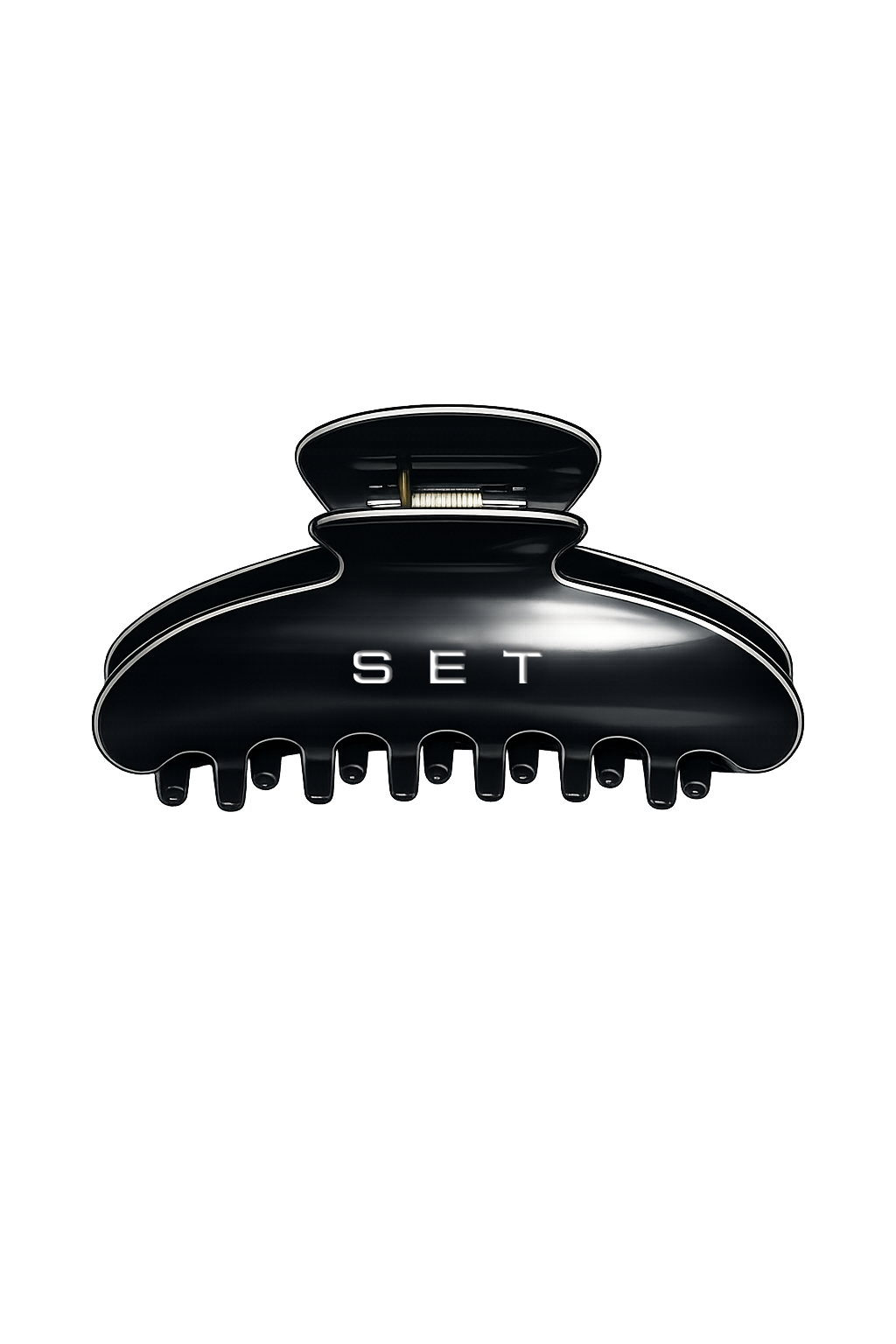A glossy black hair claw clip with the brand name 'SET' printed in white on the front, shown against a plain white background.