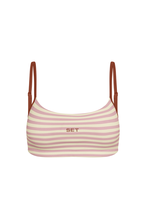 Striped top with brown straps on a white background