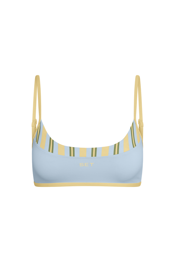Striped bikini top with 'SET' branding on a white background