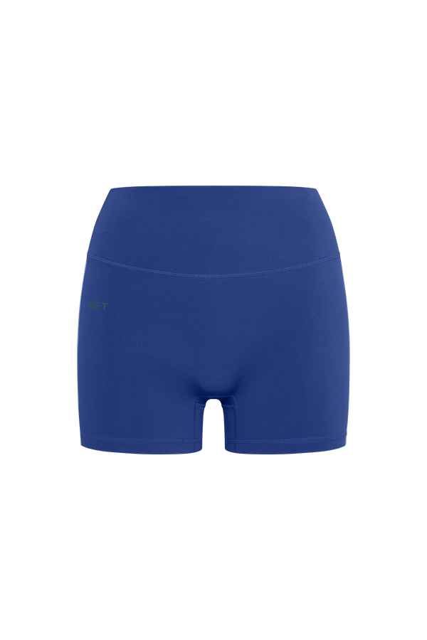 Blue athletic shorts on a white background
