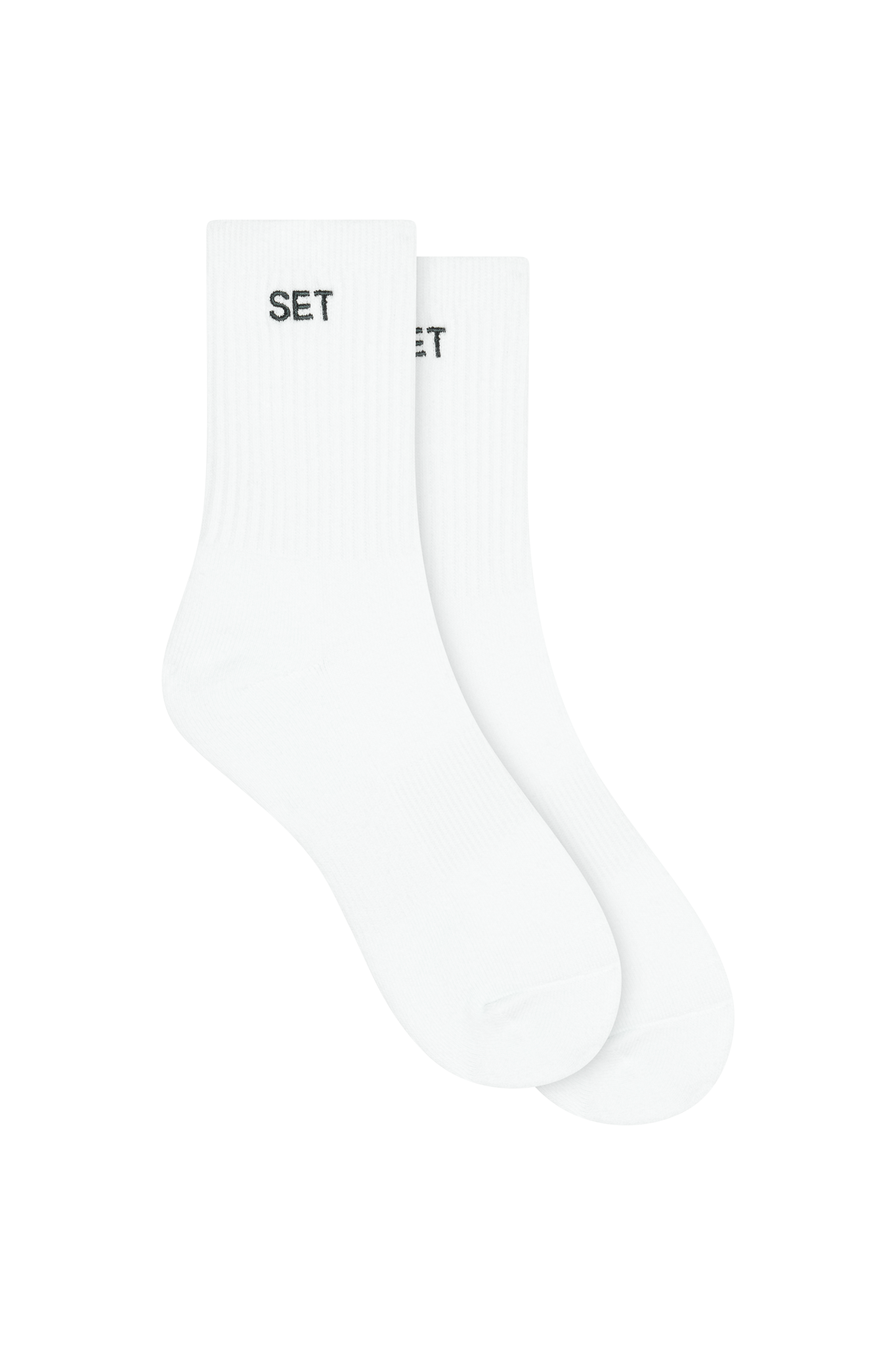 White socks with green 'SET' branding on a white background