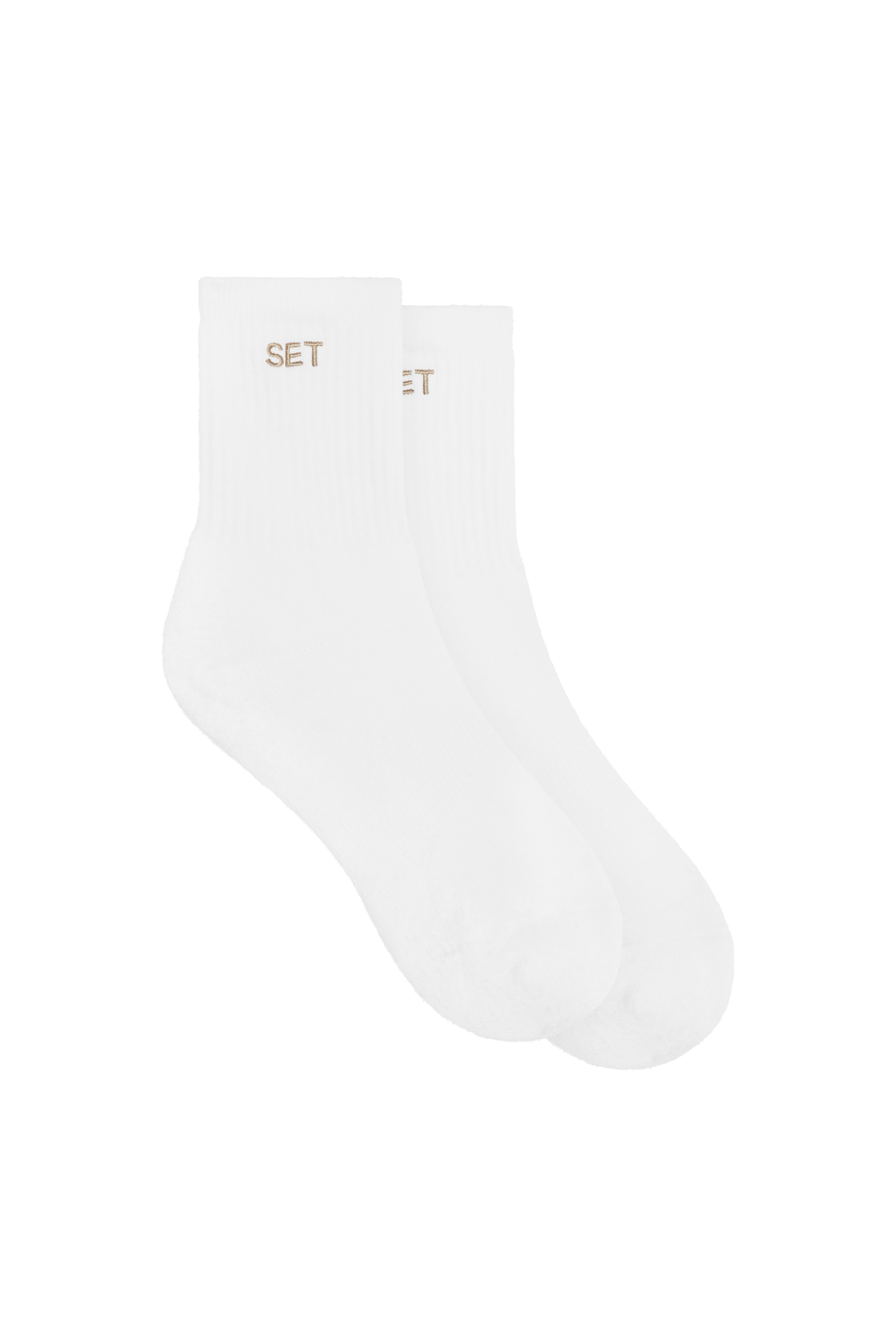 White sock with gold logo on a white background