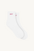 White socks with red text on a white background
