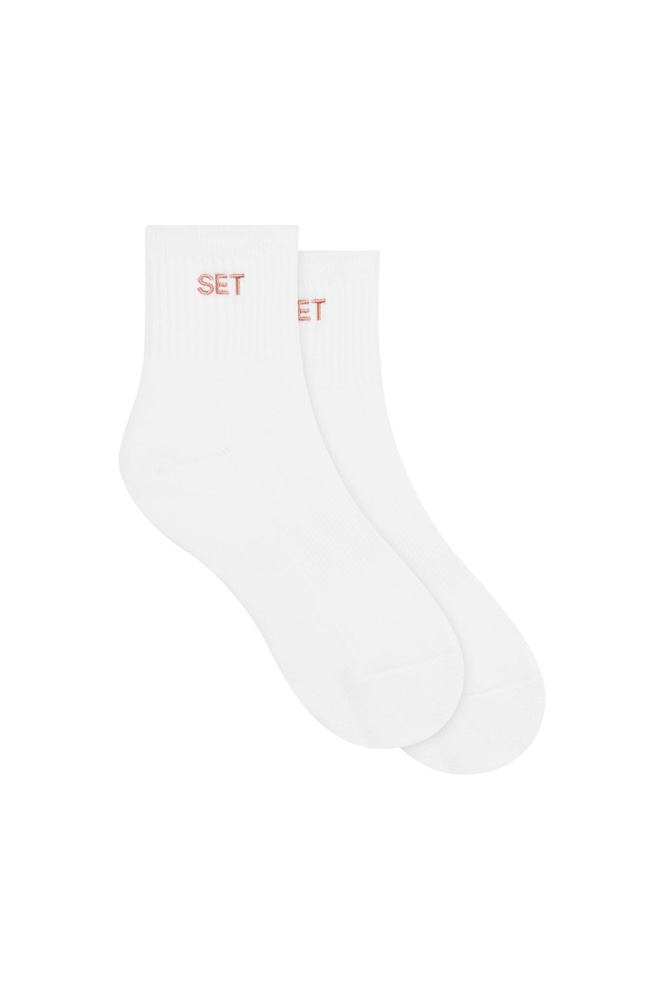 White socks with pink 'SET' logo