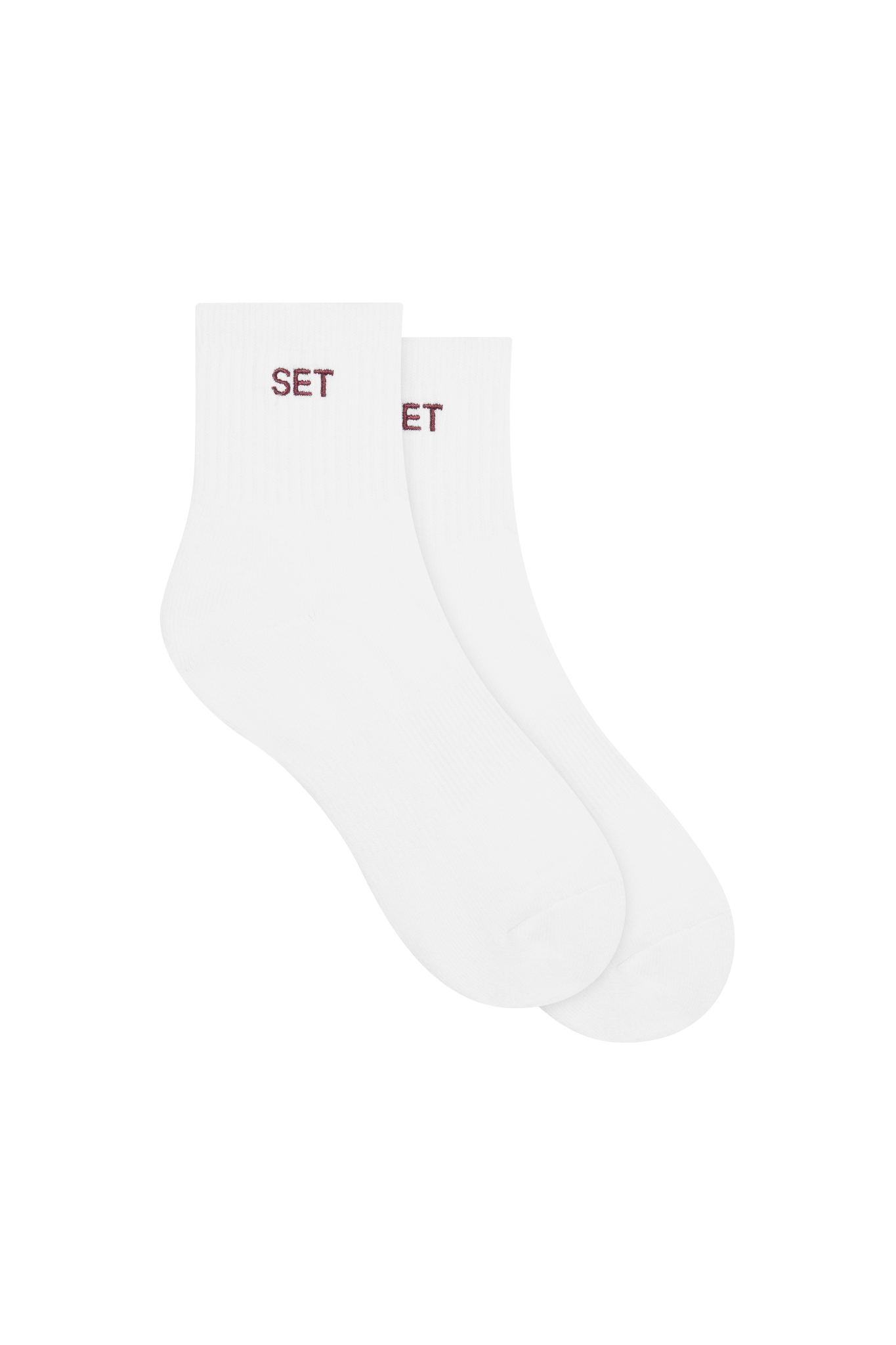 White socks with red 'SET' logo on a white background