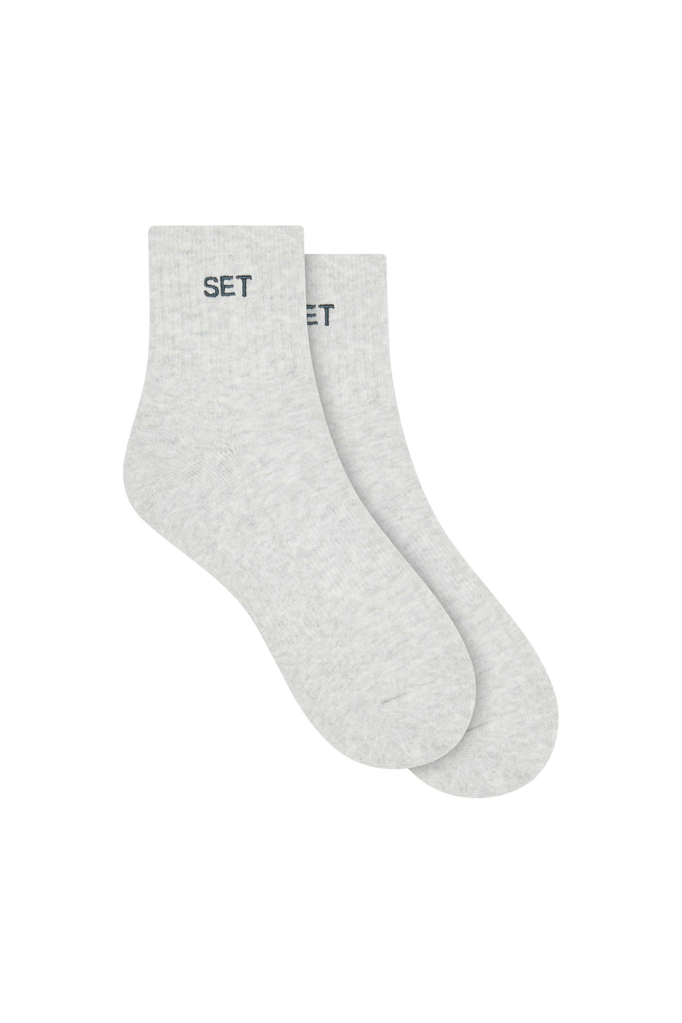 Two gray socks with green 'SET' branding on a white background